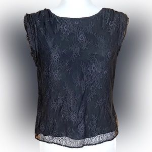 Alice + Olivia Black Floral Lace Sleeveless Silk Lined Top (LG)